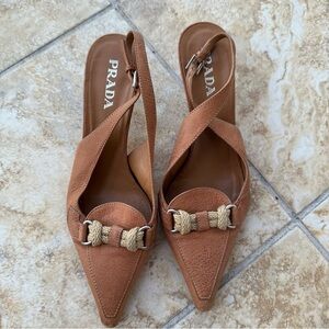 Tan Prada kitten heels